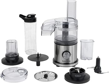 Salter EK5028 4-in-1 Kitchen Master Food Processor and Blender, Slice, Shred, Chop, Blend & Grind, 2 Speeds & Pulse, 600 ml Bottle, 30 g Grinding Cup, Dual Function, Food Pusher, Dishwasher Safe, 400W