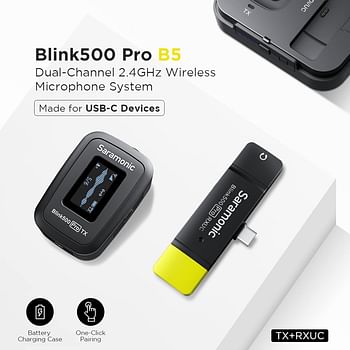 Saramonic Blink500 Pro B5 Mini Dual-Channel Stereo Wireless Microphone with Charging Case, OLED Display& 3.5mm Headphone Output with USB-C Connector Receiver for Type- C Android Smartphone MacBook PC