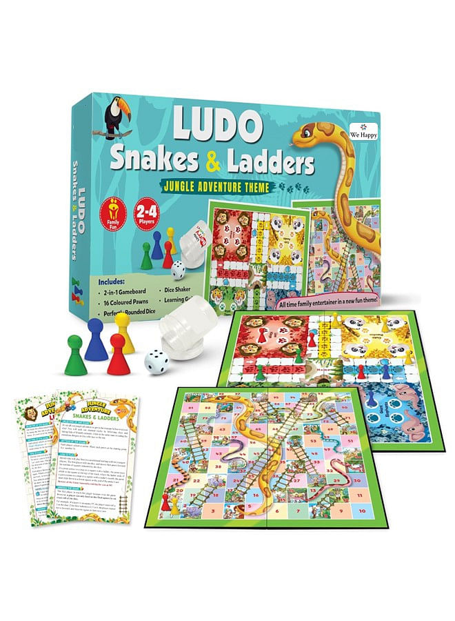 2-in-1 Ludo and Snakes Ladders Board Game Set Jungle Adventure Theme- 4 Players Fun Family Game with Dice Shaker - Foldable 14 inch Travel Gameboard Toy