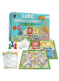 2-in-1 Ludo and Snakes Ladders Board Game Set Jungle Adventure Theme- 4 Players Fun Family Game with Dice Shaker - Foldable 14 inch Travel Gameboard Toy