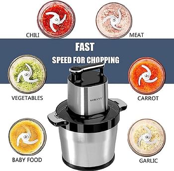 SOKANY SK-7088 Electric Food Chopper 1500W with 8L Stainless Steel Bowl 3 Speeds with 6 Sharp Blades Blender Chopper with Powerful Motor Food Processor for Fruit Vegetables Meat Spices