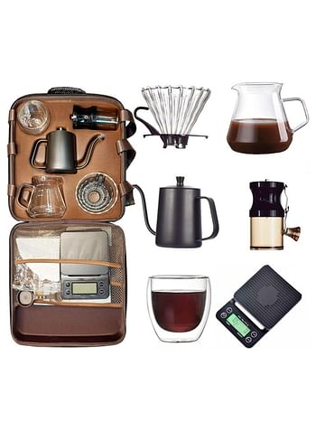 Coffee Travel Kit, Personal Coffee for Camping and Traveling Including Coffee Scale Glass Dripper Hand Grinder Pour Jug Paper Filter Double Wall Mug