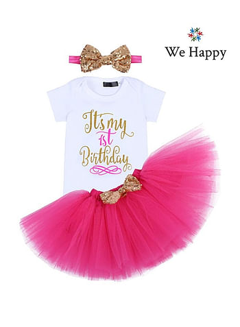 4 Pieces Its My 1st Birthday Costume Princess Theme Dressing up Toy Baby Girl Party Fancy Wear with Tutu Skirt, Cake Topper and Floral Headband - Hot Pink