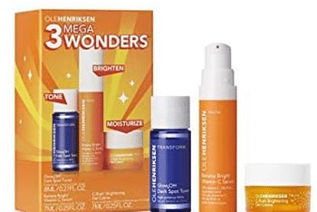 Ole Henriksen 3 Mega Wonders Mini Set-8 mL Glow2Oh Dark Spot Toner,7 mL C-Rush Brightening Gel Creme, 7 mL Banana Bright Vitamin C Serum.