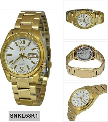 Seiko SNKL58K1 Men's Seiko 5 Gold Tone Stainless Steel Case and Bracelet White Tone Dial Day and Date Watch