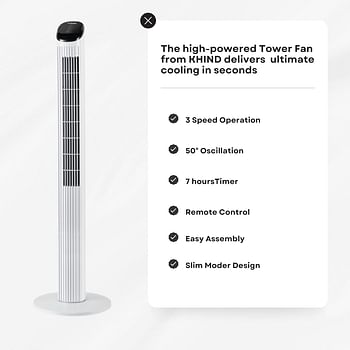 خيند مروحة برج 45 انش مع وظيفة مؤقت 7.5 ساعة، تشغيل هادئ للغاية، شاشة تعمل باللمس وحماية من الحرارة الزائدة، تصميم موفر للمساحة، مثالية لغرف النوم والمكاتب FD301R - ابيض