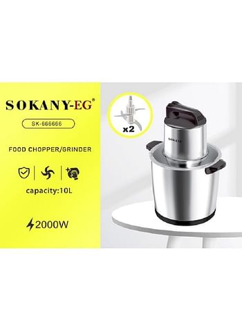 Sokany Sk-666666 Food Processor 10L- 2000Watt -Silver