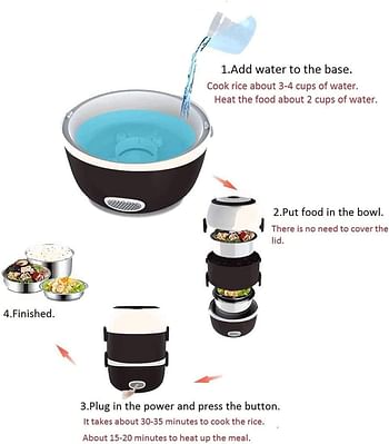 Electric Lunch Box, 3 Layers Stainless Steel + PP 2L Portable Electric Lunch Box Food Storage Warmer Container Rice Cooker