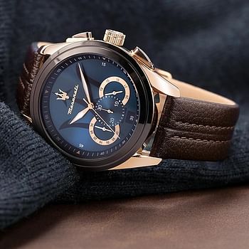 Maserati Men's Watch Traguardo Collection Quartz Movement Chronograph Brown Leather Watch - Blue Dial- size 45