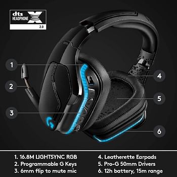 Logitech G935 Wireless Gaming Headset, 7.1 Surround Sound, DTS Headphone:X 2.0, 50mm Pro-G Drivers, 2.4 GHz, Flip-to-Mute Mic, Lightsync RGB, G-Keys, PC/Mac/Xbox One/PS4/Nintendo Switch - Black/Blue