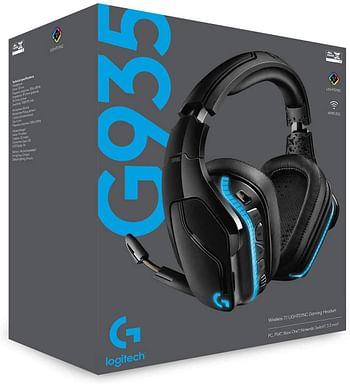 Logitech G935 Wireless Gaming Headset, 7.1 Surround Sound, DTS Headphone:X 2.0, 50mm Pro-G Drivers, 2.4 GHz, Flip-to-Mute Mic, Lightsync RGB, G-Keys, PC/Mac/Xbox One/PS4/Nintendo Switch - Black/Blue