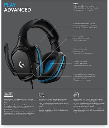 Logitech G432 Wired Gaming Headset, 7.1 Surround Sound, DTS Headphone:X 2.0, 50 mm Audio Drivers, USB and 3.5 mm Audio Jack, Flip-to-Mute Mic, Lightweight, PC/Mac/Xbox One/PS4/Nintendo Switch - Black/G432/Black