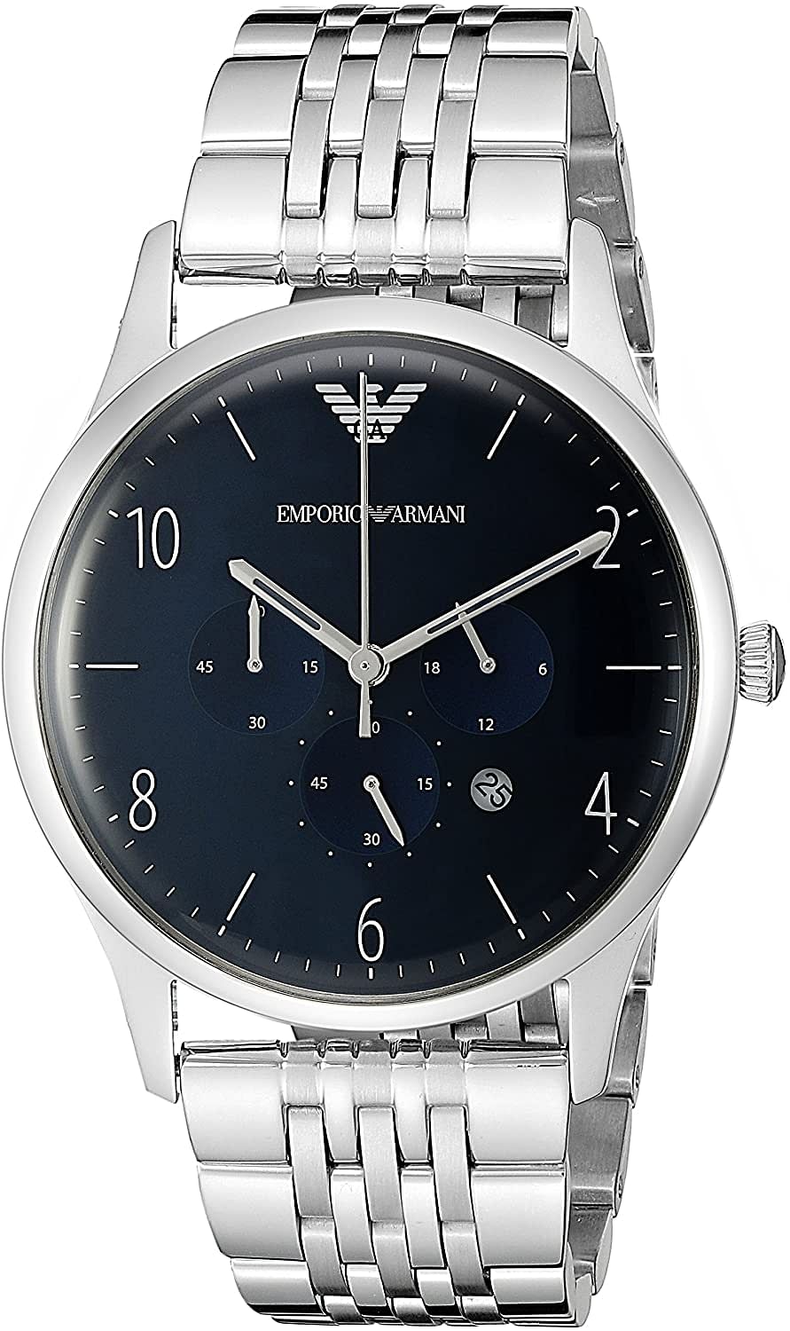 Emporio Armani Dress Chronograph Men's Blue Dial Stainless Steel Band Watch - Ar1942, Analog Display - Silver Band