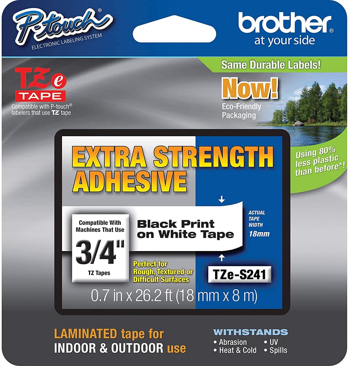 Brother Extra Strength Adhesive Tape, Extra Resistant - TZe-S241 Black Print on White Tape/3-4" 18 mm
