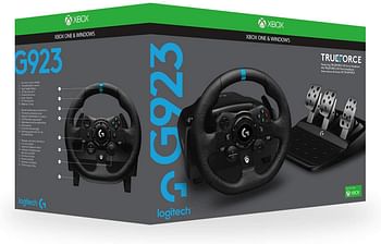 عجلة ودواسات سباق G923 من لوجيتيك لجهاز Xbox One والكمبيوتر، تتميز بخاصية تروفورس حتى 1000 هرتز ودواسة جيدة الاستجابة، ووحدة تحكم مزدوجة في التشغيل، وغطاء عجلة من الجلد الاصلي
