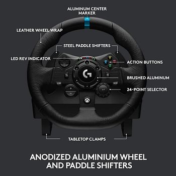 عجلة ودواسات سباق G923 من لوجيتيك لجهاز Xbox One والكمبيوتر، تتميز بخاصية تروفورس حتى 1000 هرتز ودواسة جيدة الاستجابة، ووحدة تحكم مزدوجة في التشغيل، وغطاء عجلة من الجلد الاصلي