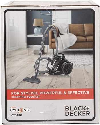 Black+Decker Multi-Cyclonic Bagless Corded Canister Vacuum Cleaner with 6 Stage Filtration 1480 W Max Power 1.8 L 18 kPa Suction Power VM1480-B5Black/One Size - Black