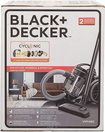 Black+Decker Multi-Cyclonic Bagless Corded Canister Vacuum Cleaner with 6 Stage Filtration 1480 W Max Power 1.8 L 18 kPa Suction Power VM1480-B5Black/One Size - Black