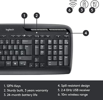 Logitech MK330 Wireless Keyboard and Mouse Combo for Windows, 2.4 GHz Wireless with Unifying USB-Receiver, Portable Mouse, Multimedia Keys, Long Battery Life, PC/Laptop, QWERTY US Layout - Black/1 Set