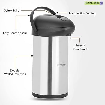 ROYALFORD Coffee/Tea VACUUM FLASK 3 liter RF8336 (Stainless Steel) - Black and Silver.