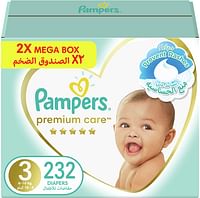 Pampers Premium Care Diapers, Size 3, 6-10 kg, The Softest Diaper and the Best Skin Protection, 232 Baby Diapers