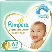 Pampers Premium Care Diapers, Size 3, 6-10 kg, The Softest Diaper and the Best Skin Protection, 62 Baby Diapers