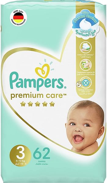 Pampers Premium Care Diapers, Size 3, 6-10 kg, The Softest Diaper and the Best Skin Protection, 232 Baby Diapers