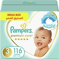 Pampers Premium Care Diapers, Size 3, 6-10 kg, The Softest Diaper and the Best Skin Protection, 116 Baby Diapers