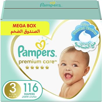 Pampers Premium Care Diapers, Size 3, 6-10 kg, The Softest Diaper and the Best Skin Protection, 232 Baby Diapers