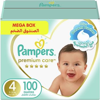 Pampers Premium Care Diapers, Size 4, 9-14 kg, The Softest Diaper and the Best Skin Protection, 100 Baby Diapers/Multi Color