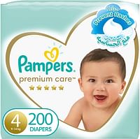 Pampers Premium Care Diapers, Size 4, 9-14 kg, The Softest Diaper and the Best Skin Protection, 200 Baby Diapers/Multi Color