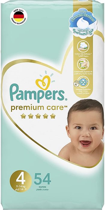 Pampers Premium Care Diapers, Size 4, 9-14 kg, The Softest Diaper and the Best Skin Protection, 100 Baby Diapers/Multi Color