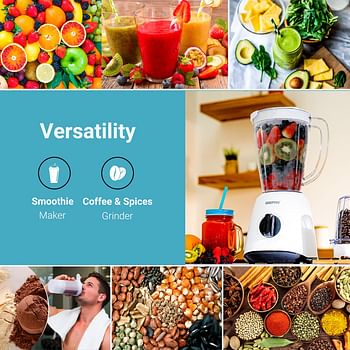 خلاط متعدد الوظائف 2 في 1 باستطاعة 500 واط بشفرات من الستانلس ستيل وسرعتي تشغيل مع زر للخلط السريع بسعة 1.5 لتر مع حماية من التشابك مع وظيفة كسر للثلج ومفرمة ومطحنة قهوة وصانع عصير