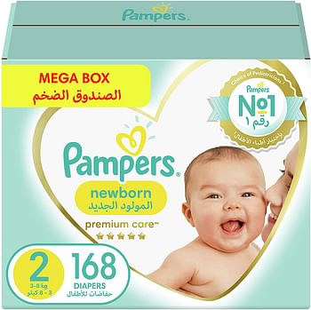 Pampers Premium Care, Size 2, Mini, 3-8 kg, Mega Box, 168 Diapers - Multi Color