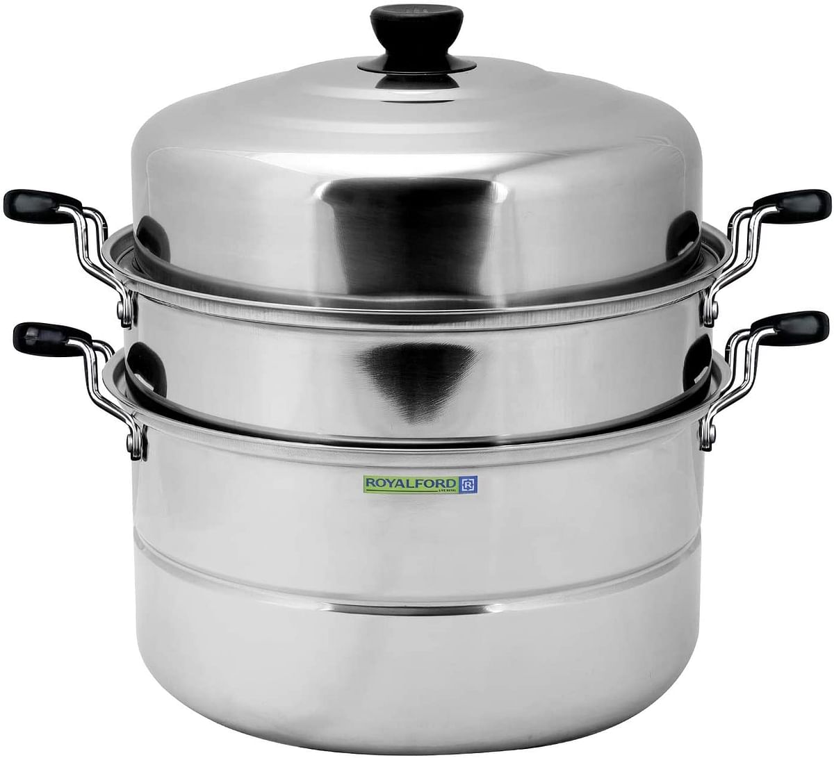 Royalford Induction-Safe Stainless Steel Large 3-Tier Food Steamer Pot with Lid| Double Layer Multi Food Cook Stock Pot - Cool Touch Handles - Stylish Design, Easy Food Release & Clean-Up - 9L