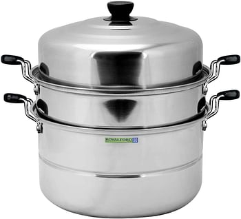 Royalford Induction-Safe Stainless Steel Large 3-Tier Food Steamer Pot with Lid| Double Layer Multi Food Cook Stock Pot - Cool Touch Handles - Stylish Design, Easy Food Release & Clean-Up - 9L