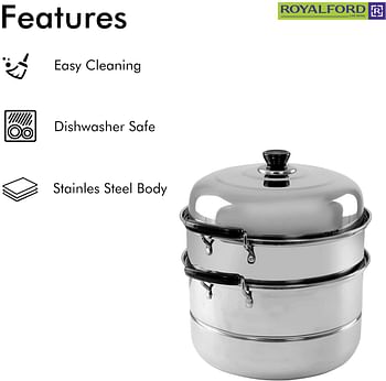 Royalford Induction-Safe Stainless Steel Large 3-Tier Food Steamer Pot with Lid| Double Layer Multi Food Cook Stock Pot - Cool Touch Handles - Stylish Design, Easy Food Release & Clean-Up - 9L