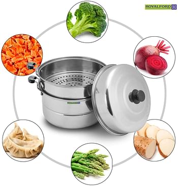 Royalford Induction-Safe Stainless Steel Large 3-Tier Food Steamer Pot with Lid| Double Layer Multi Food Cook Stock Pot - Cool Touch Handles - Stylish Design, Easy Food Release & Clean-Up - 9L