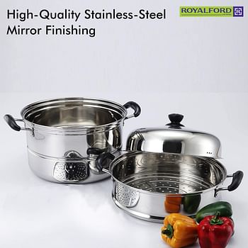 Royalford Induction-Safe Stainless Steel Large 3-Tier Food Steamer Pot with Lid| Double Layer Multi Food Cook Stock Pot - Cool Touch Handles - Stylish Design, Easy Food Release & Clean-Up - 9L