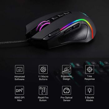 Redragon M612 Wired Optical Gaming Mouse RGB, 8000 DPI Sensitivity, 11 Programmable Buttons, 5 Backlight Modes, Software Supports Assigning Key Links, Quick Response Button - Black Color.