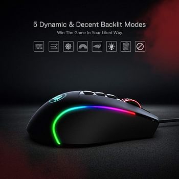 Redragon M612 Wired Optical Gaming Mouse RGB, 8000 DPI Sensitivity, 11 Programmable Buttons, 5 Backlight Modes, Software Supports Assigning Key Links, Quick Response Button - Black Color.