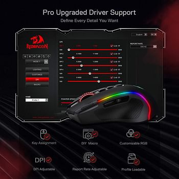 Redragon M612 Wired Optical Gaming Mouse RGB, 8000 DPI Sensitivity, 11 Programmable Buttons, 5 Backlight Modes, Software Supports Assigning Key Links, Quick Response Button - Black Color.