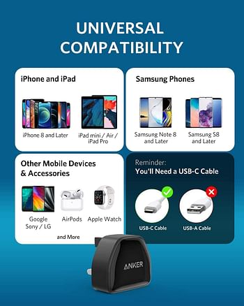Anker Nano iPhone Charger, 20W PIQ 3.0 Durable Compact Fast Charger, PowerPort III USB-C Charger for iPhone 12/12 Mini/12 Pro/12 Pro Max, Galaxy, Pixel 4/3, iPad Pro, AirPods Pro, and More, Black.