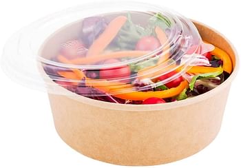 Clear Plastic Lid for Round Bio Salad Container - 25 oz - Disposable - 200ct Box - Restaurantware - Beige.