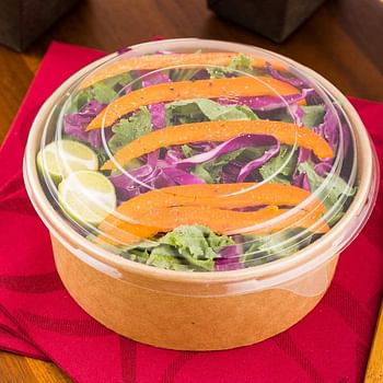 Clear Plastic Lid for Round Bio Salad Container - 25 oz - Disposable - 200ct Box - Restaurantware - Beige.