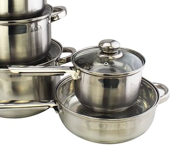 WILSON Stainless Steel 12-Piece Cookware Set - Casserole Saucepan Fry Pan Heavy Duty with Stainless Steel Handle Gas Stovetops Compatible for Family Meals