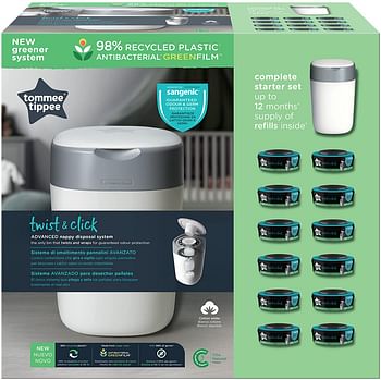 Tommee Tippee Twist and Click Nappy Disposal Tub+12 refill, Pack of 1/White