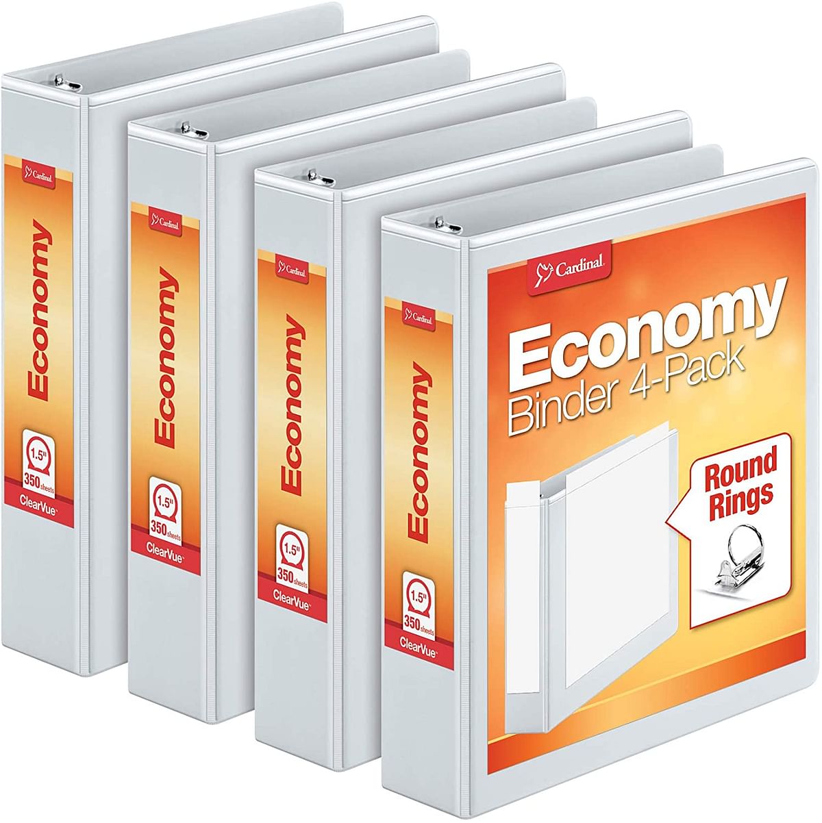 Cardinal Economy Round Ring Binders, 4 per Pack (79517), 1.5 Inch, White