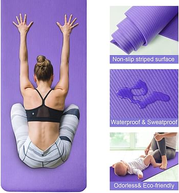 Yoga Mat - Non Slip Yoga Mat with Yoga Mat Strap Included - 10mm Thick Exercise Mat Purple/Black/50 x 40 x 30 Mm