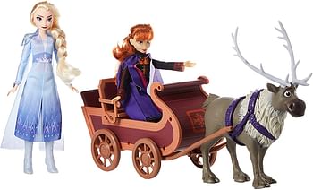 Disney Frozen Sledding Sven and Sisters Elsa and Anna Fashion Dolls With Sven Toy and Sled Inspired by Disney's Frozen 2 | Multicolor | One size.